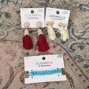 BaubleBar Red and Cream Tassel Earrings with bracelet